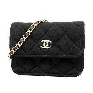 Chanel Matelasse Chain Shoulder Wallet, Cotton, Black, Champagne, Women's
